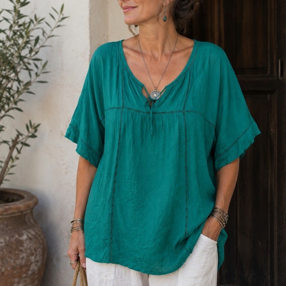 Chico's Size 3 XL Blouse Peasant Boho Green Crochet Trim Rayon Short Sleeve Top
